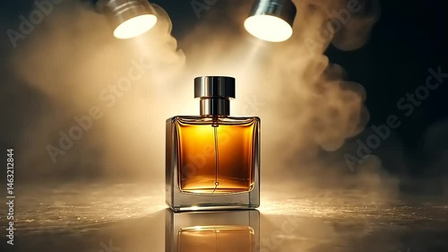 Elegant perfume bottle illuminated by spotlight with misty background creating a luxurious atmosphere