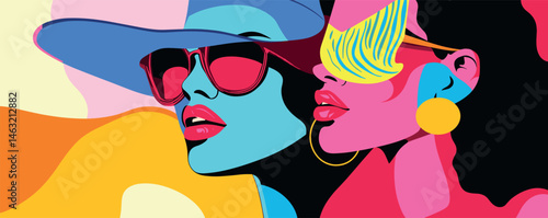 Colorful pop art portrait of two stylish women wearing sunglasses in a bold abstract design.
