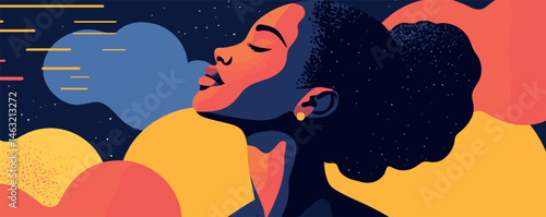 Colorful abstract portrait of a woman with closed eyes and natural hair, daydreaming in vibrant colors.