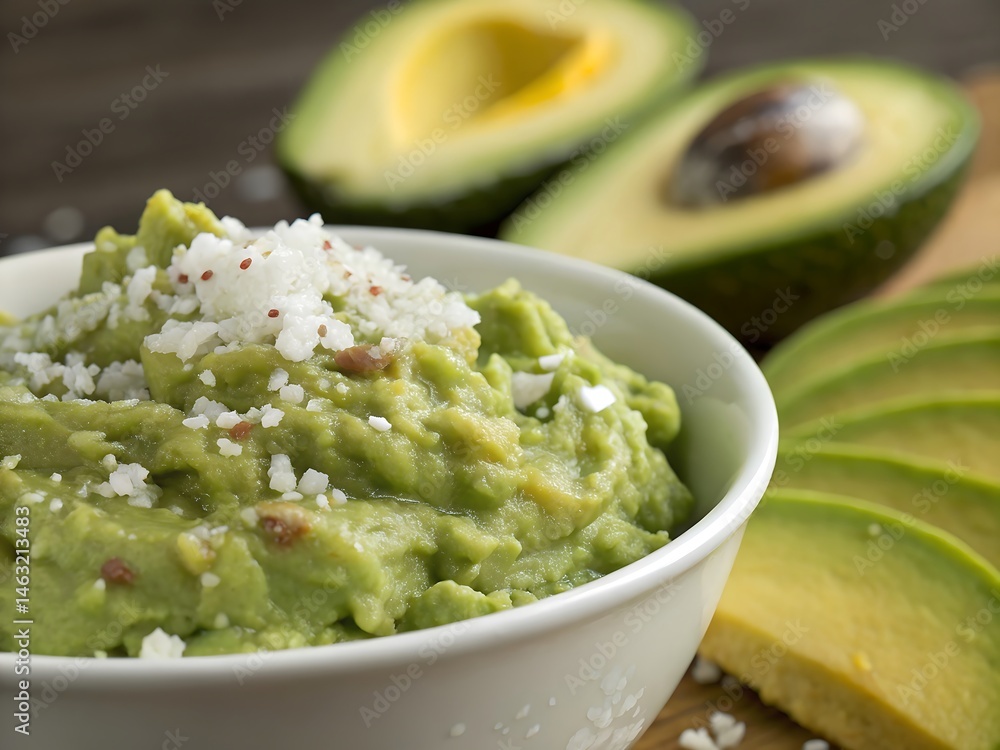 Guacamole close-up with coarse sea salt and sliced avocado in background, editorial food detail Guacamole close-up with coarse sea salt and sliced avocado in background, editorial food detail