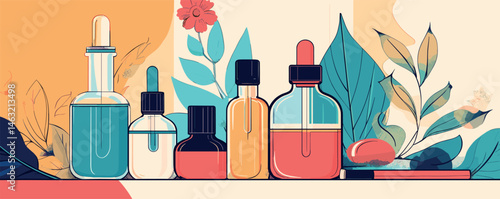 Colorful collection of essential oil bottles with vibrant botanical background in abstract style.