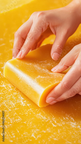 Hands gently rolling beeswax sheet for candle making, showcasing close up of smooth texture