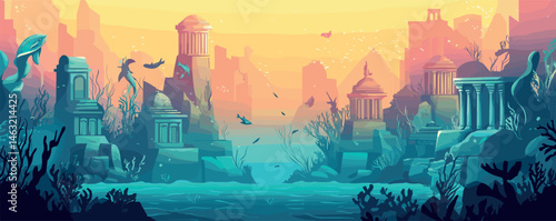 Ancient underwater ruins in sunlit ocean with fish and marine life.