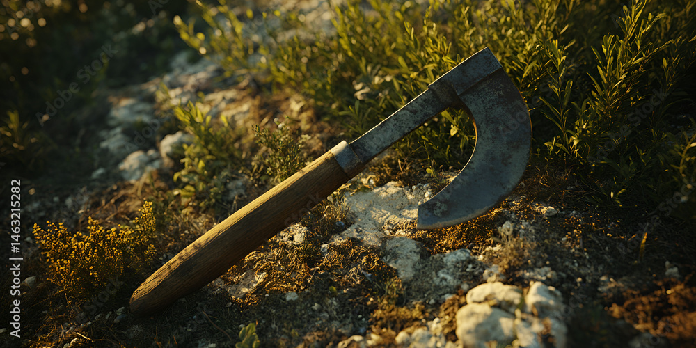 Old Rusty Sickle on Soil Among Green Plants in Garden Field