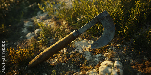 Obraz na płótnie Old Rusty Sickle on Soil Among Green Plants in Garden Field
w salonie