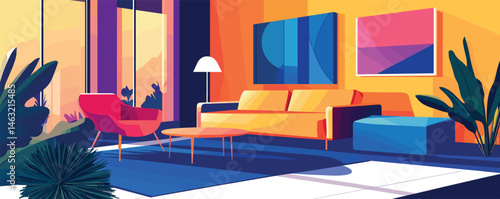 Vibrant modern living room with colorful furniture and abstract art in natural light.