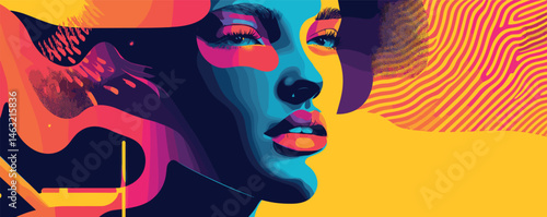 Colorful abstract portrait of woman with geometric shapes and bold patterns.