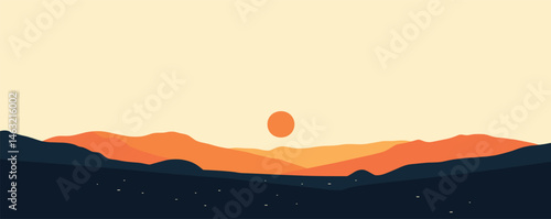 Minimalist sunset landscape with orange hills and clear sky.