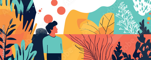 Illustration of man surrounded by colorful abstract nature elements and creative shapes.