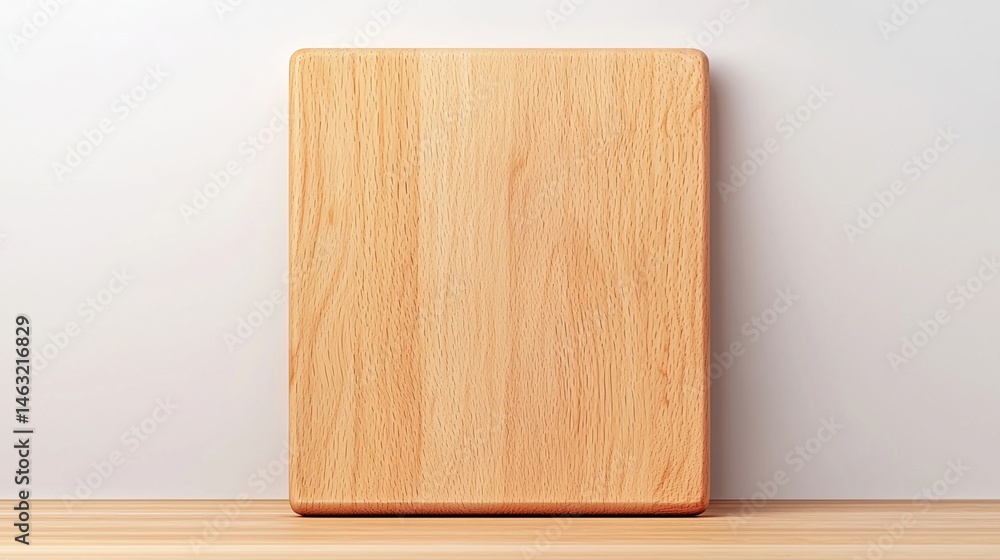Naklejka premium A plain wooden cutting board stands upright on a wooden surface against a neutral background.