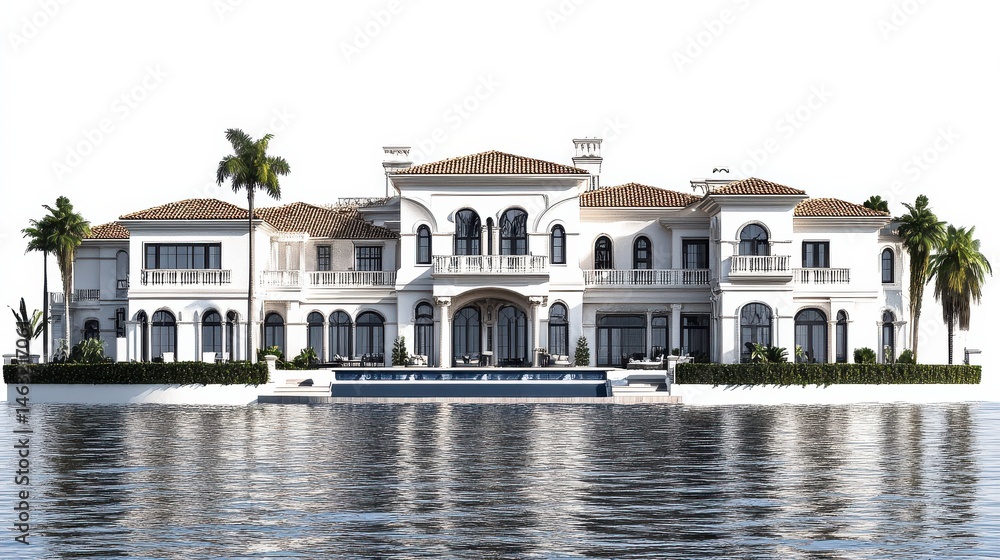 Luxurious White Mansion with Pool and Palm Trees Surrounded by Calm Water in Bright Sky Luxurious White Mansion with Pool and Palm Trees Surrounded by Calm Water in Bright Sky