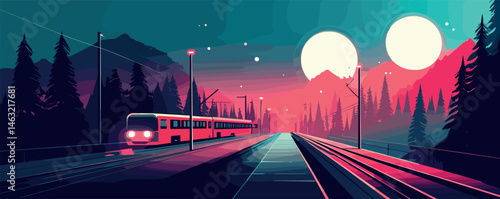 Futuristic train at dusk on mountainous landscape with dual moons and vibrant sky.