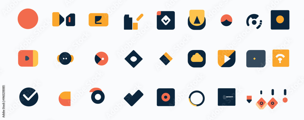 Modern flat design icon set featuring technology and media symbols in bold colors. Modern flat design icon set featuring technology and media symbols in bold colors.