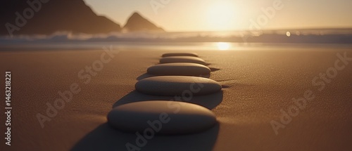 Peaceful stones aligned on a golden beach.