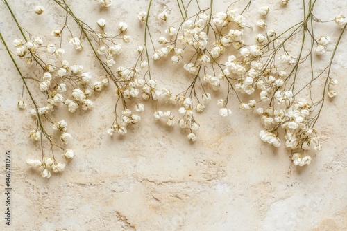 Fototapeta Naklejka Na Ścianę i Meble -  Delicate, dried white flowers arranged on a light beige stone surface