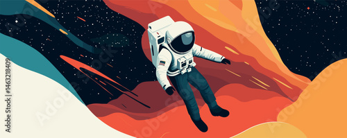 Space explorer floating in colorful cosmic abstract artwork.