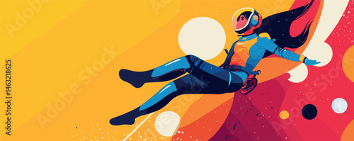 Colorful illustration of female astronaut floating in space with bright geometric background.