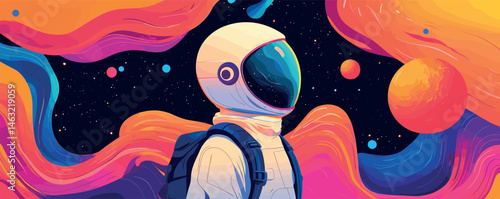 Colorful abstract space artwork featuring astronaut amid vibrant swirling elements.