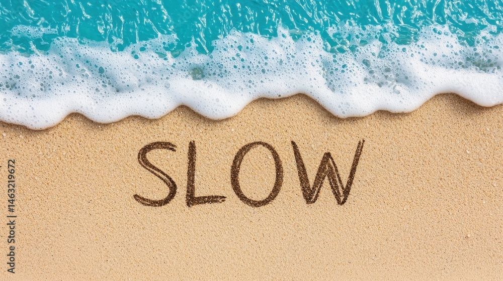 Fototapeta premium Tranquil Beach Scene with the Word Slow Written in the Sand Near Gentle Ocean Waves
