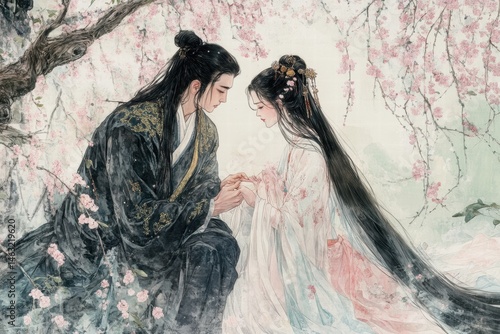 Picture of an elegant scholar playing the piano in ancient style