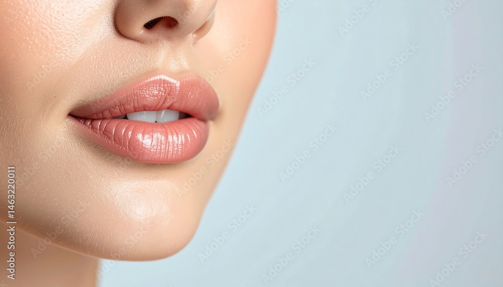Obraz premium Close-up of a woman's lips, showcasing a natural, polished look with a soft sheen against a light background