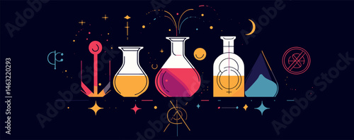 Colorful abstract chemistry lab with flask, beaker, test tube, and geometric shapes