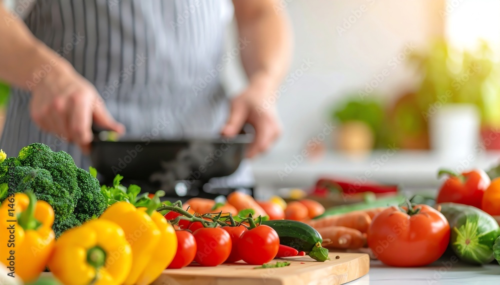 A chef prepares a colorful array of fresh vegetables in a bright kitchen, showcasing healthy cooking and vibrant ingredients A chef prepares a colorful array of fresh vegetables in a bright kitchen, showcasing healthy cooking and vibrant ingredients
