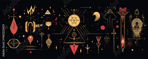 Abstract mystic symbols with cosmic elements in red and yellow on black background.
