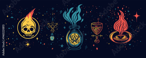 Mystical symbols with fiery elements and stars on dark background.
