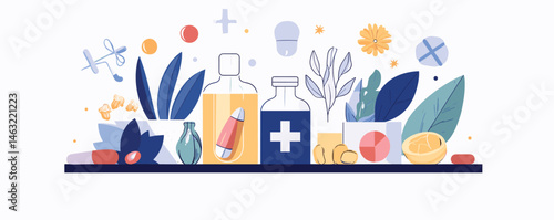 Herbal medicine concept with natural remedies and organic ingredients on shelf.