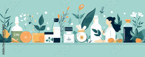 Herbal apothecary with woman sorting natural ingredients and bottles in illustrated style.
