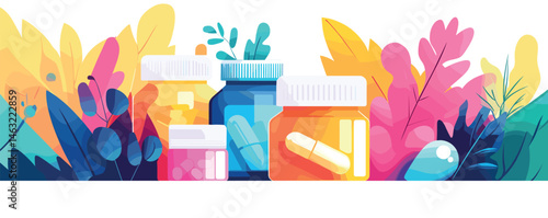 Colorful medication bottles amidst vibrant leaves and flowers.