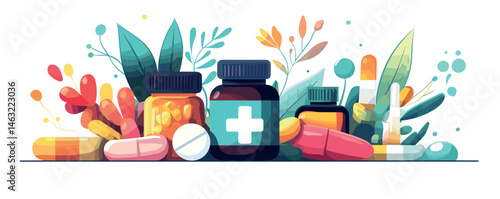 Colorful variety of medicine bottles and pills with abstract floral background.