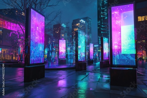 Futuristic city plaza with glowing interactive displays