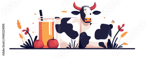 Cow resting by fresh milk jar and apple juice with apples on white background.