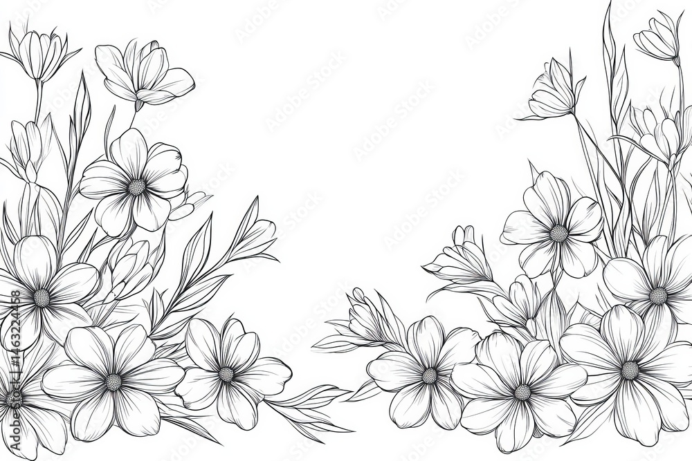 Floral Line Art Frame Delicate Daisies and Buds, Outline , Flowers Floral Line Art Frame Delicate Daisies and Buds, Outline , Flowers
