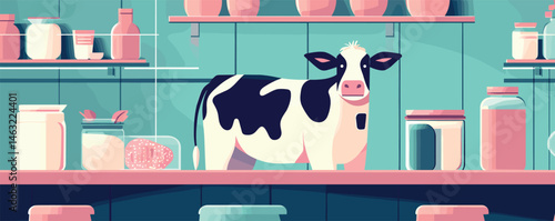Cartoon cow in a modern kitchen with shelves of jars and bottles in pastel colors.
