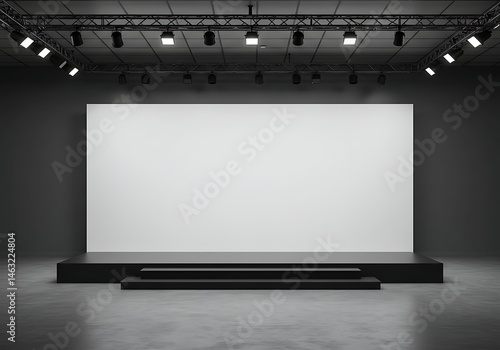 Modern presentation stage backdrop illuminated by spotlights in a dark room
