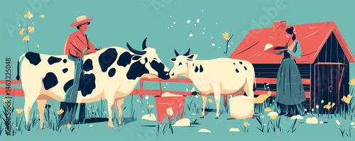 Farmers with dairy cows by barn in pastoral landscape.