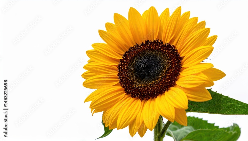 A vibrant sunflower with bright yellow petals and a dark center, showcasing its beauty against a white background A vibrant sunflower with bright yellow petals and a dark center, showcasing its beauty against a white background