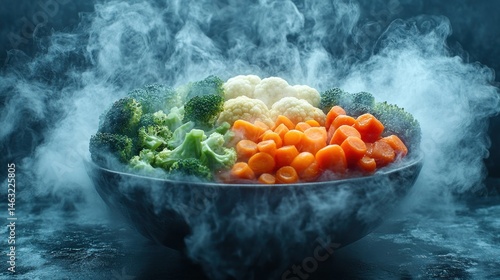 Steamed vegetables in a dark bowl, surrounded by smoke