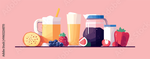 Refreshing smoothie and juice collection with fresh fruits and vegetables on pink background