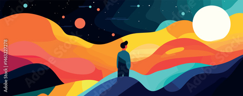 Vibrant abstract landscape with figure gazing at night sky and bright planets.