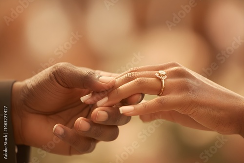 Ring Exchange: A tender moment captured as hands intertwine, a radiant diamond engagement ring taking center stage, symbolizing love, commitment, and the promise of forever.