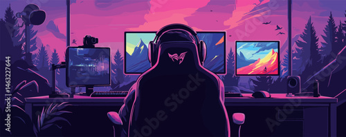 Gamer in neon-lit room with three monitors and headset immersed in video game adventure.