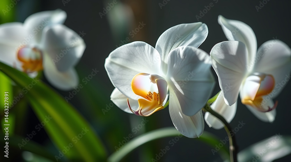 Fototapeta premium Ultra-HD macro photograph, ghost orchid, translucent petals, tropical greenery, soft light, iridescent colors, shimmering reflections, modern flat design, two-dimensional shapes, graceful and elegant