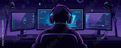 Gamer at night surrounded by multiple monitors and neon lights in a sci-fi environment.