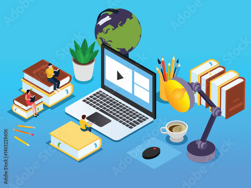 A laptop displays a video lesson, surrounded by stacks of books with miniature figures reading, a globe, a desk lamp illuminating a cup of coffee and stationery, and a potted plant Isometric 3d vector