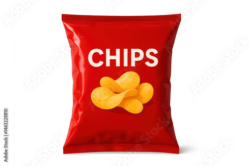 A bag of potato chips piled high, with a distinct red branding label. Isolated on transparent background.