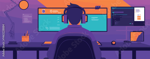 Young man with headphones programming at computer workstation in modern office.